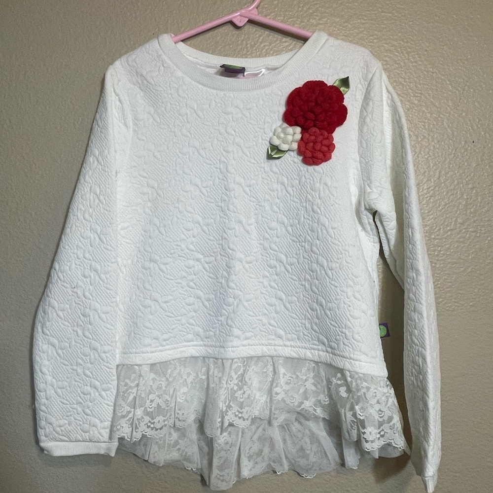 Dollie & me White Lace Hem Kids Top with Red Flower Accent